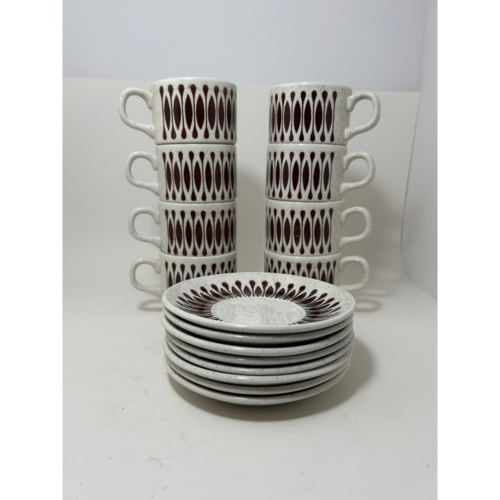 Vintage Biltons‎ Staffordshire Ironstone Coffee Cup Saucer Set 8 MCM Brown Cream